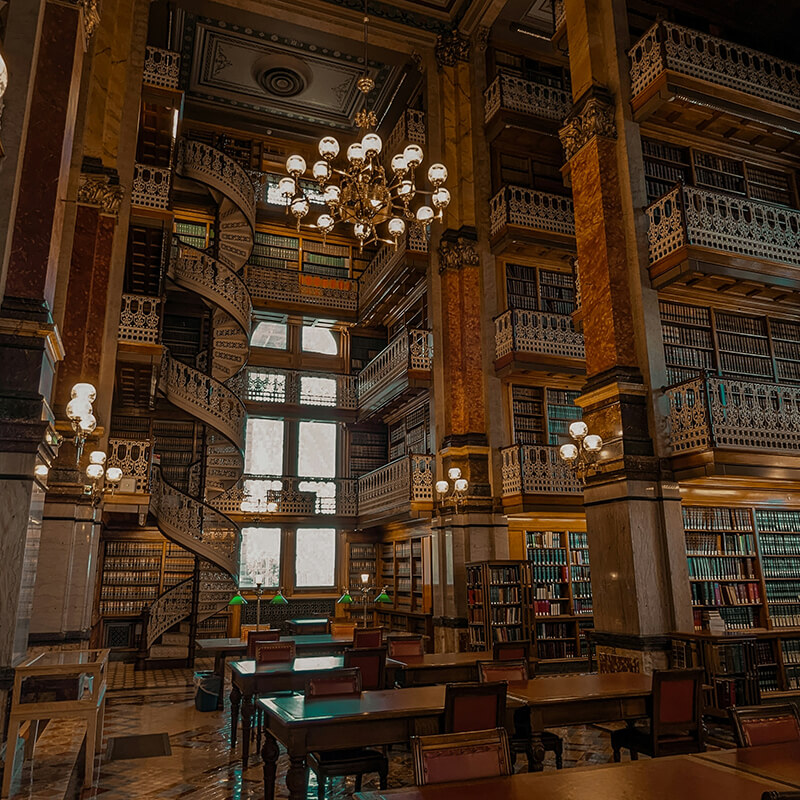 Darkly lit library with endless book selection.